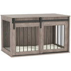 Brown cabinet-style dog crate with removable cushion and black metal latch bars