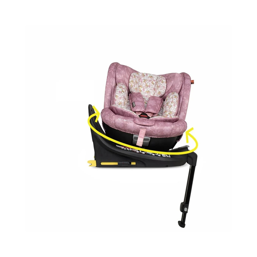 Cosatto i-Size car seat with pink floral seat cover and adjustable base strap marks