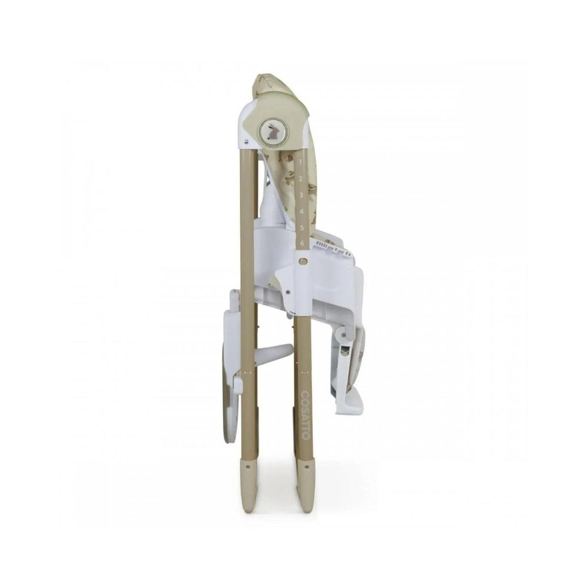 Baby highchair side view with foldable white legs and cream animal print seat.