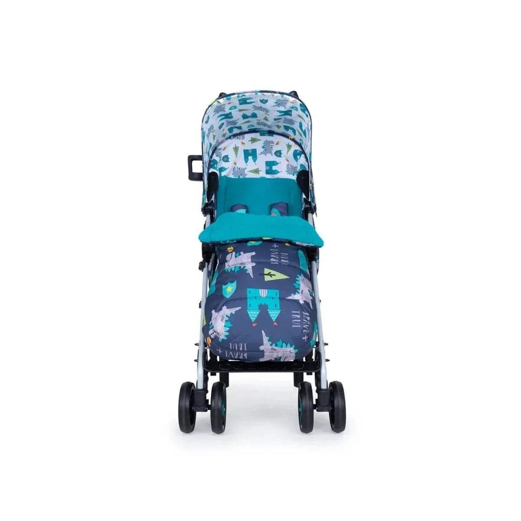 Dragon-themed stroller rear view with teal footrest panel and fabric backrest