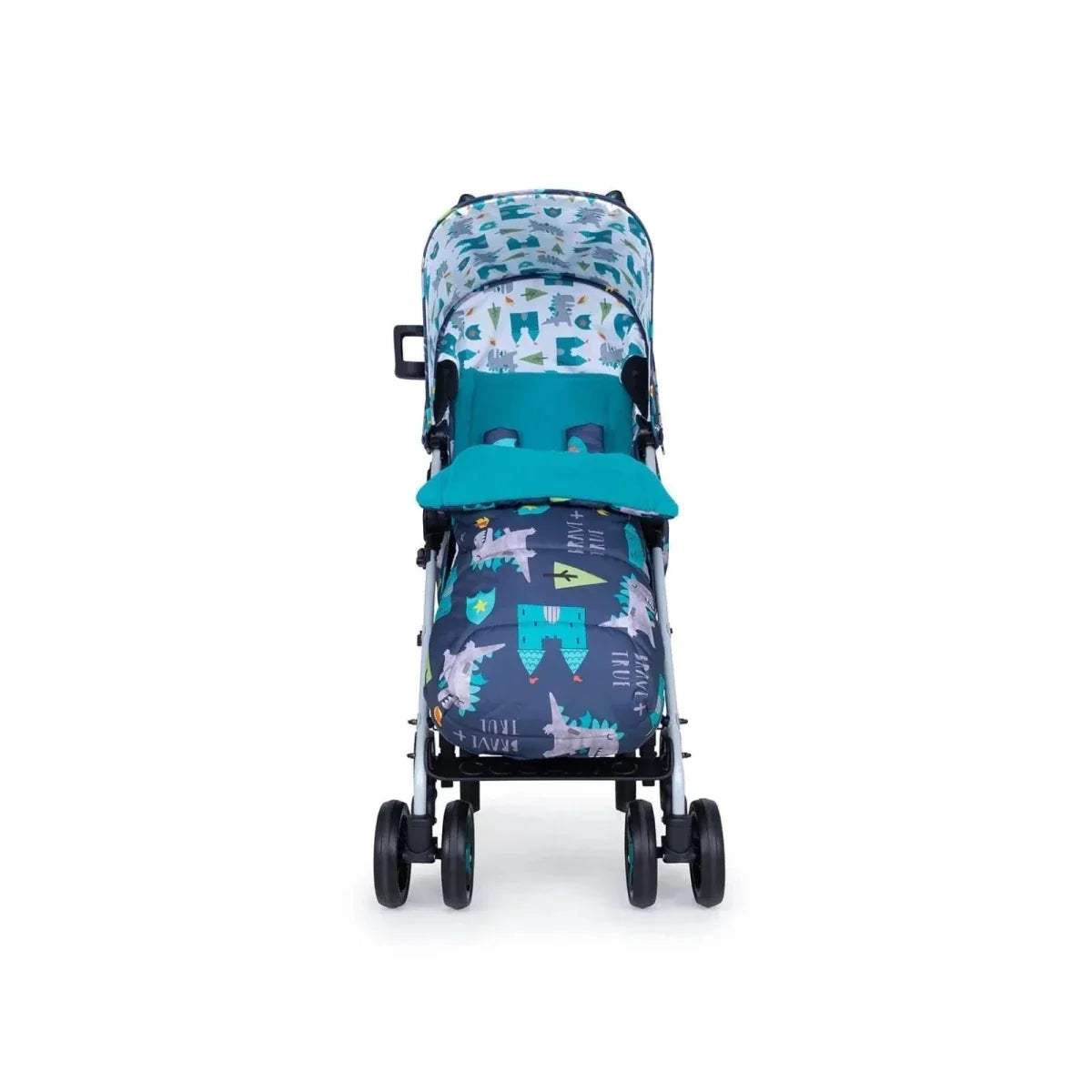 Dragon-themed stroller rear view with teal footrest panel and fabric backrest