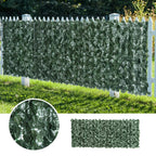 Outdoor artificial leaf hedge privacy fence with dark green leaves and supporting posts