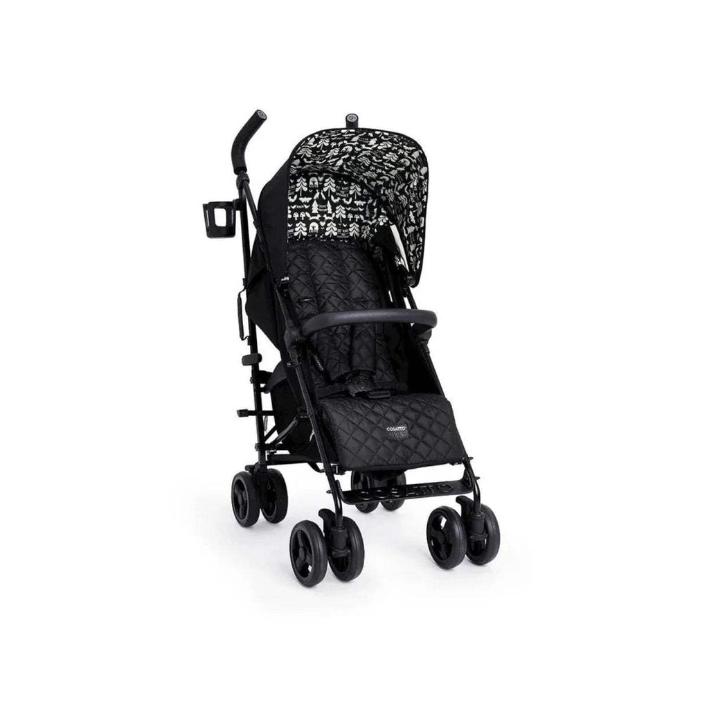 Black stroller with patterned canopy and quilted footmuff, front view