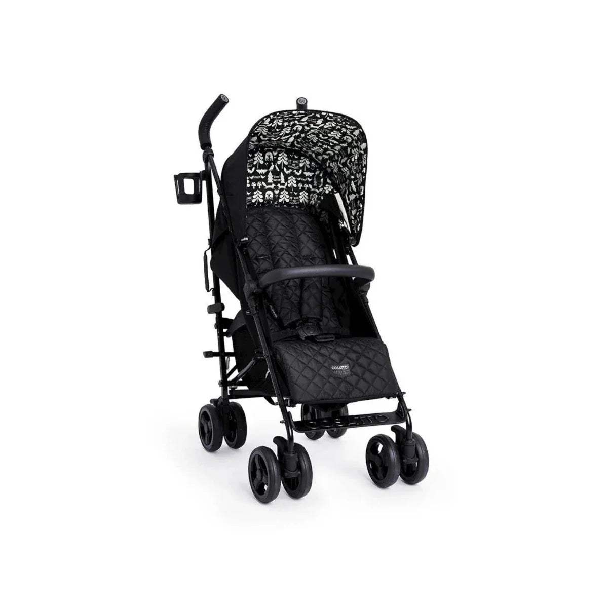 Black stroller with patterned canopy and quilted footmuff, front view