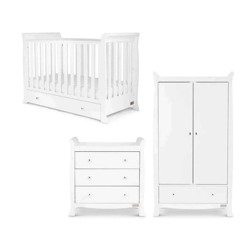 White mini baby cot with slatted sides and drawer base, plus matching wardrobe and dresser