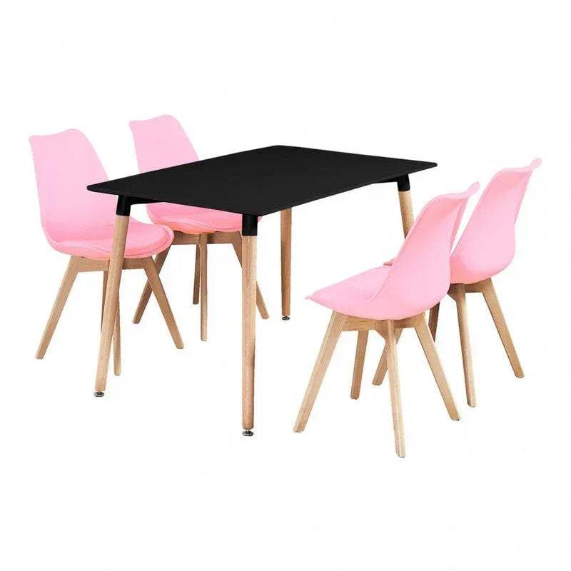 Dining table and 4 chairs set with black tabletop, pink upholstered seats, light wood legs