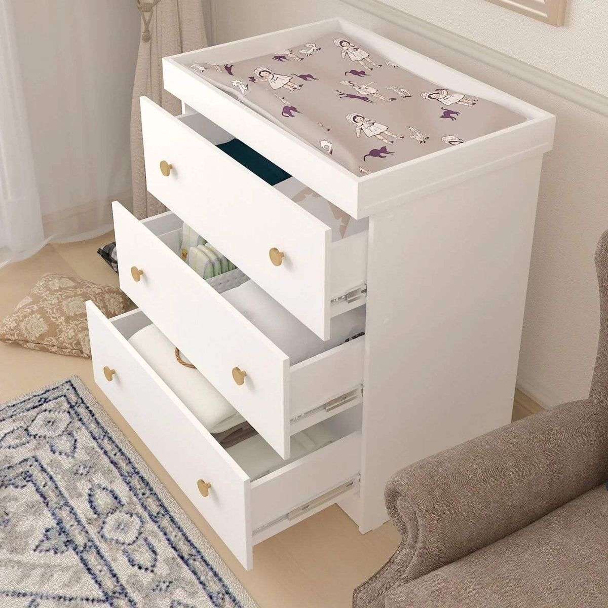 White changing dresser with open top changing area and stacked drawers