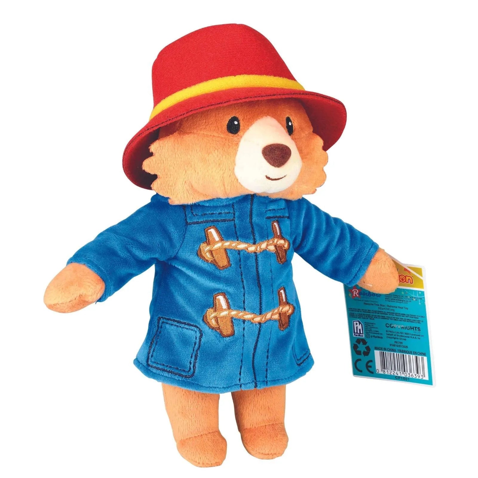 Paddington plush bear facing forward, red hat and blue coat, holding tag