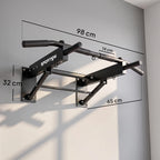 Wall-mounted pull-up bar with folding frame and chin-up bar extending from brackets