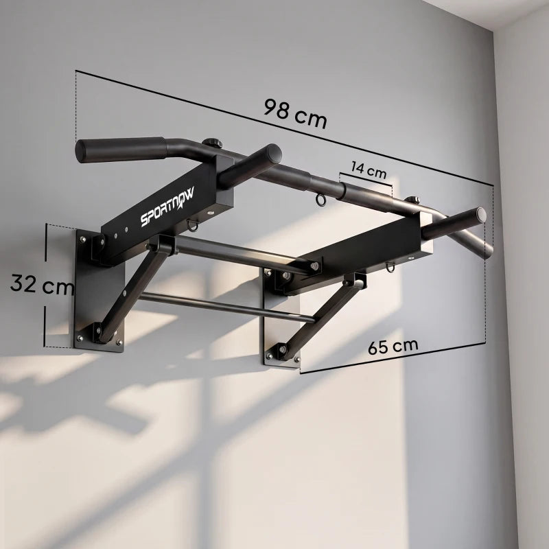 Wall-mounted pull-up bar with folding frame and chin-up bar extending from brackets