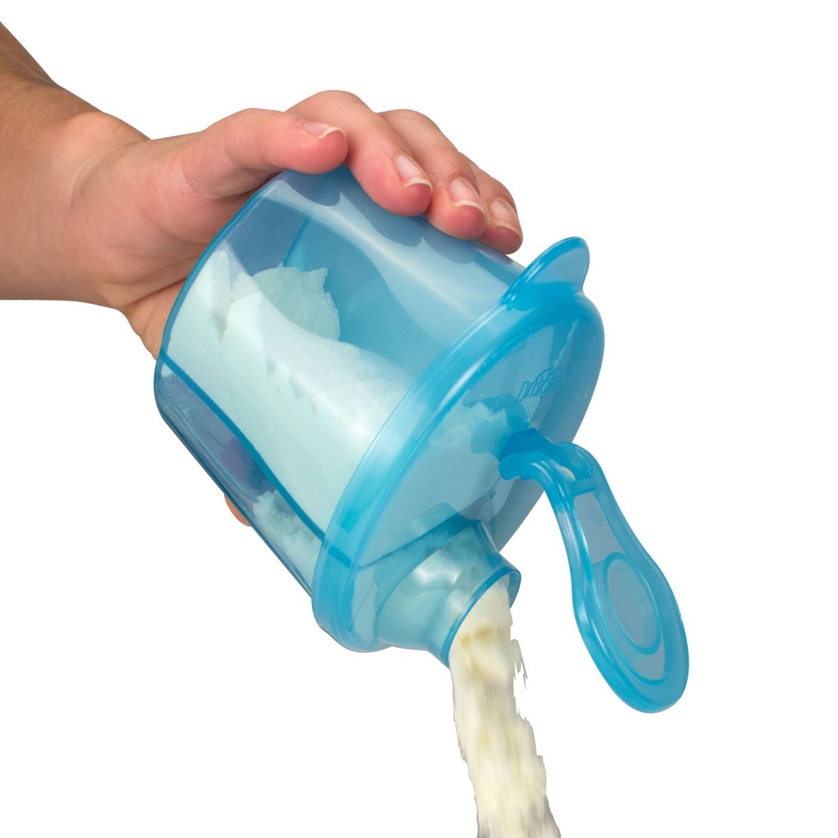 Blue milk powder dispenser tilted with powder pouring from the spout