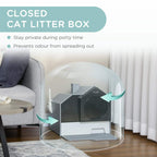 Grey enclosed cat litter box with closed hood and side handle; private covered access.