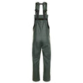 Green waterproof bib and brace overalls, back view, with adjustable braces