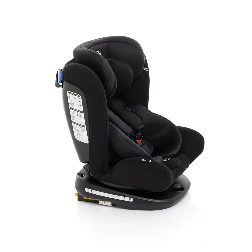 Black toddler car seat with head support, padded harness, and side label on base