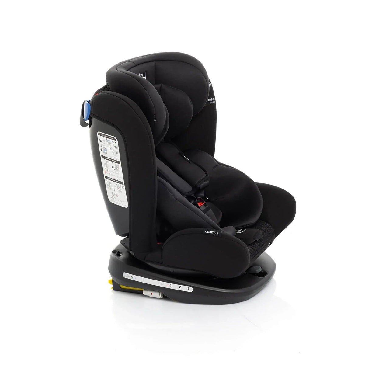Black toddler car seat with head support, padded harness, and side label on base