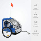 Blue and white bike trailer wagon with clear weather cover and safety flag on rear wheel