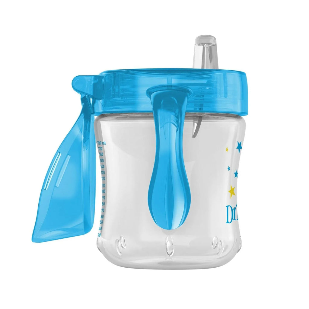 Blue transition cup with soft spout, clear body, and handle straps visible