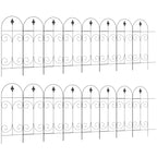 Black metal decorative picket fence panel with pointed finials and scrollwork loops.