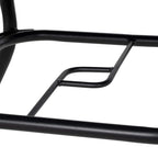 Black metal folding chair armrest and side frame detail