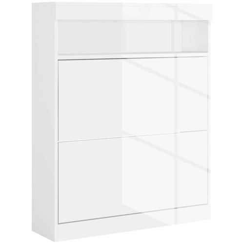High-gloss white shoe storage cabinet front panel with flip-door opening