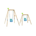 Wooden swing set frame with two blue hanging swings and ropes.