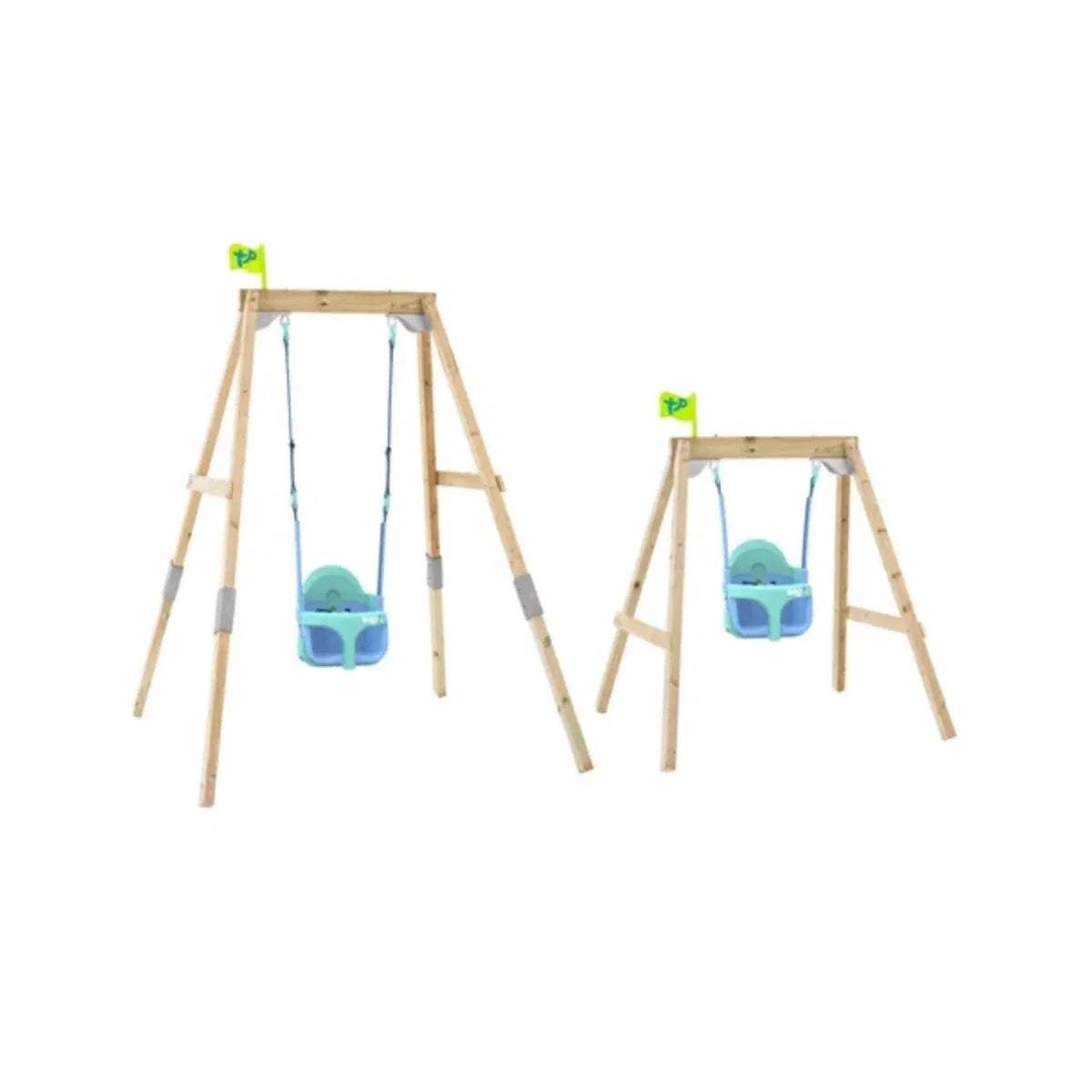 Wooden swing set frame with two blue hanging swings and ropes.
