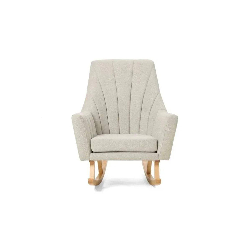 Beige upholstered rocking chair front view with tall back and wooden rockers