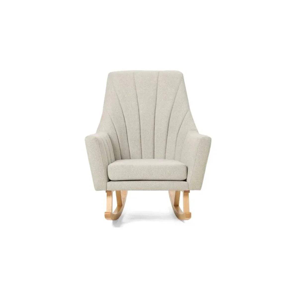 Beige upholstered rocking chair front view with tall back and wooden rockers