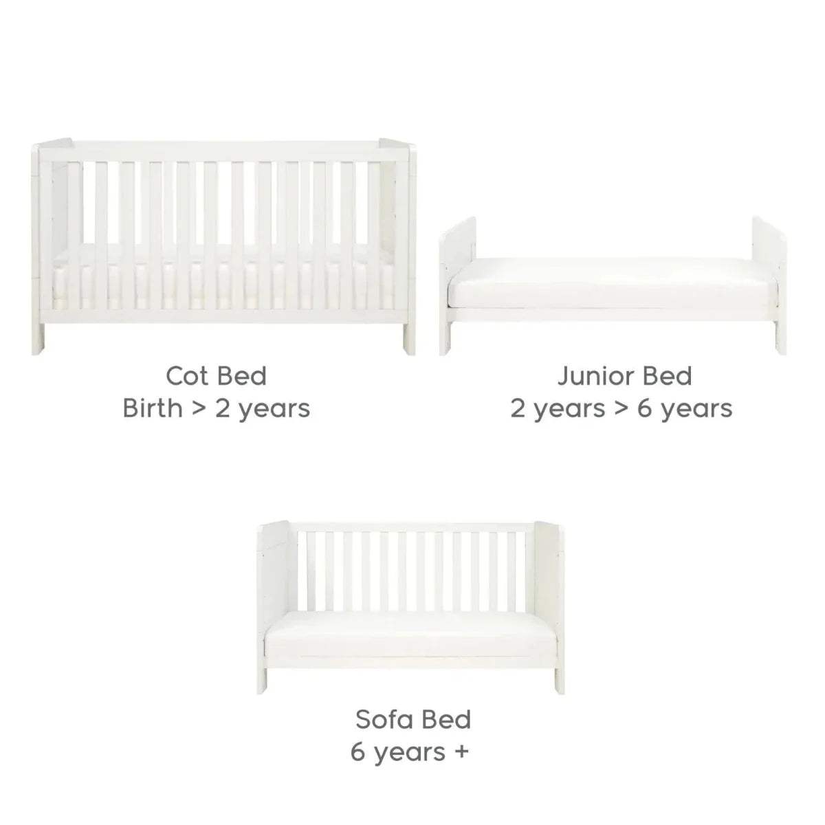 White convertible cot bed, junior bed, and sofa bed layout view