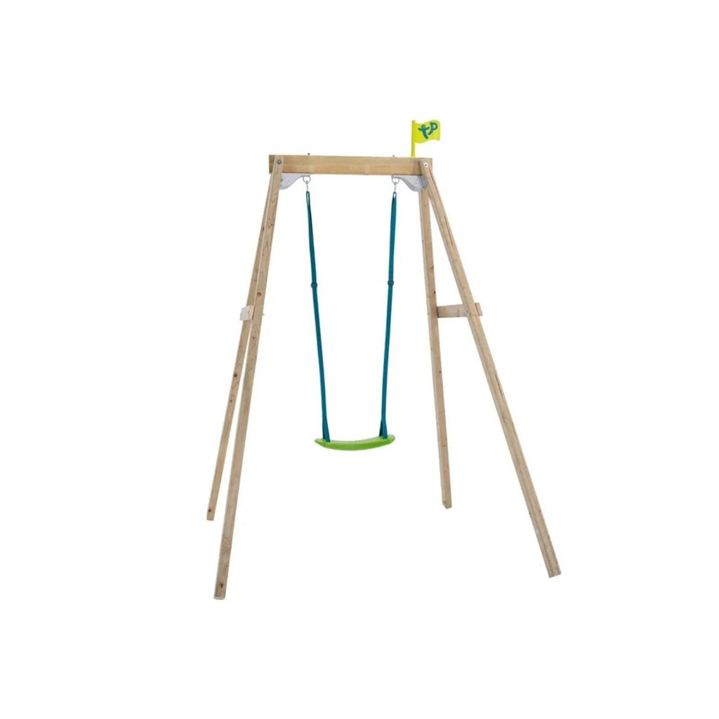 Wooden single swing frame with green seat and blue fabric ropes.