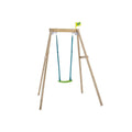 Wooden single swing frame with green seat and blue fabric ropes.