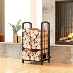 Black metal 2-tier firewood log rack holding stacked firewood with arched top handles.
