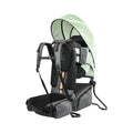 Sage green and dark gray baby carrier with sun canopy and padded leg support