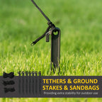 Inflatable ghost tether and ground stake set with sandbag, for outdoor anchoring