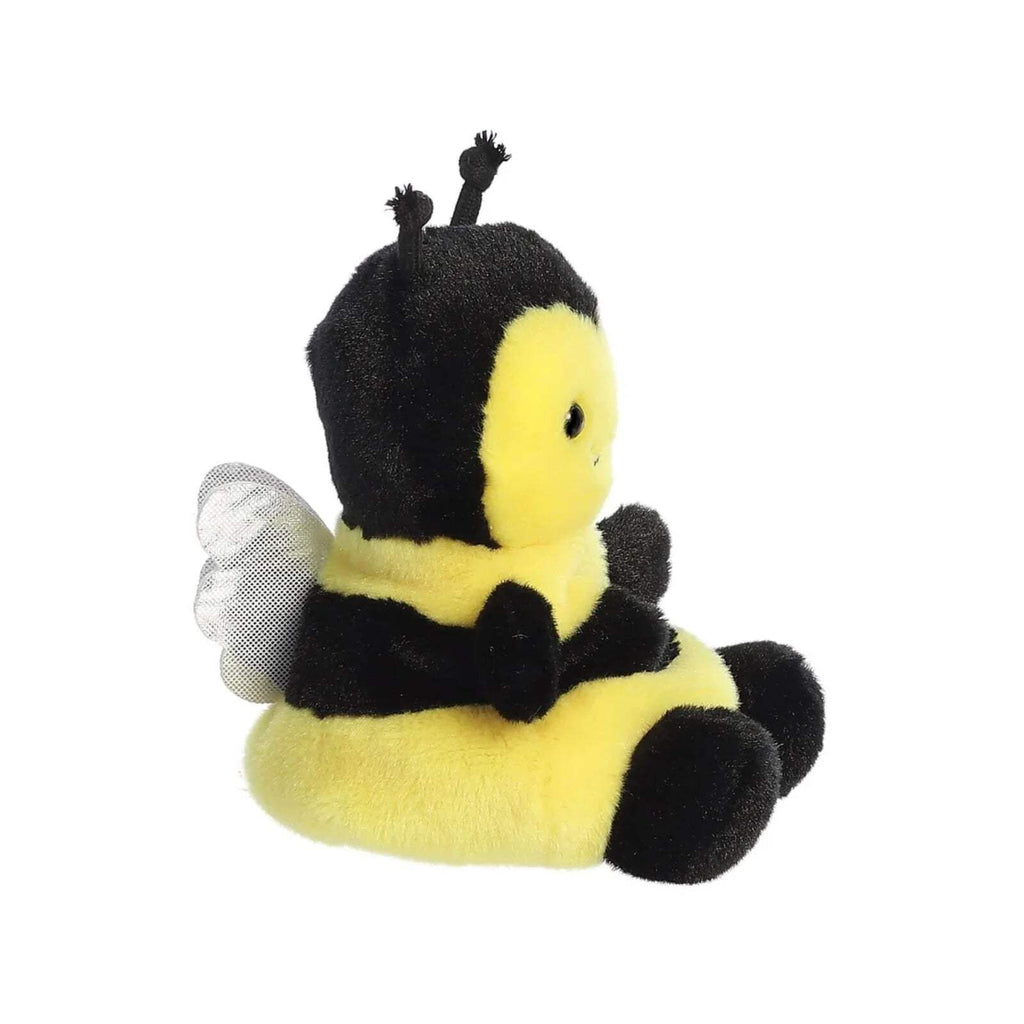 Palm Pals Queeny Bee soft toy, side view with black-and-yellow fur and mesh wing detail.