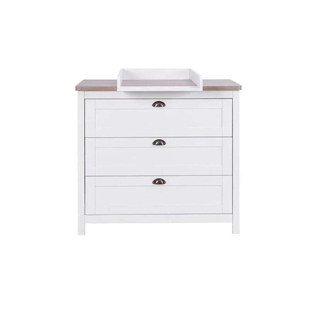 White baby chest changer with oak top and padded changing surface, front view