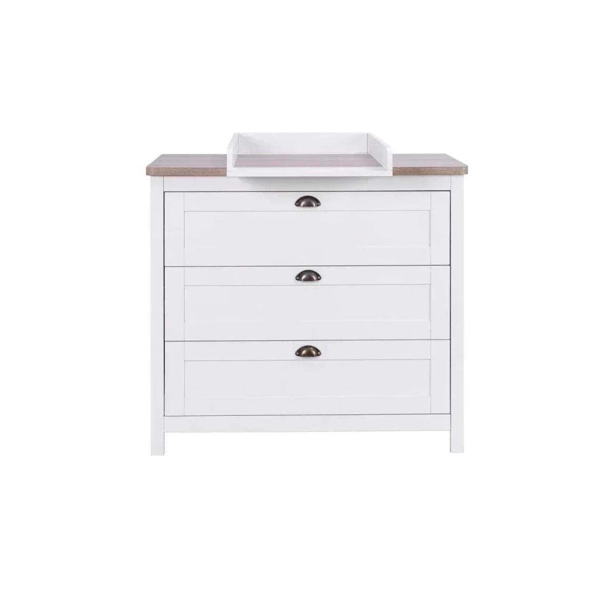 White baby chest changer with oak top and padded changing surface, front view