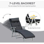 Adjustable black sun lounger with 7-level backrest and padded pillow