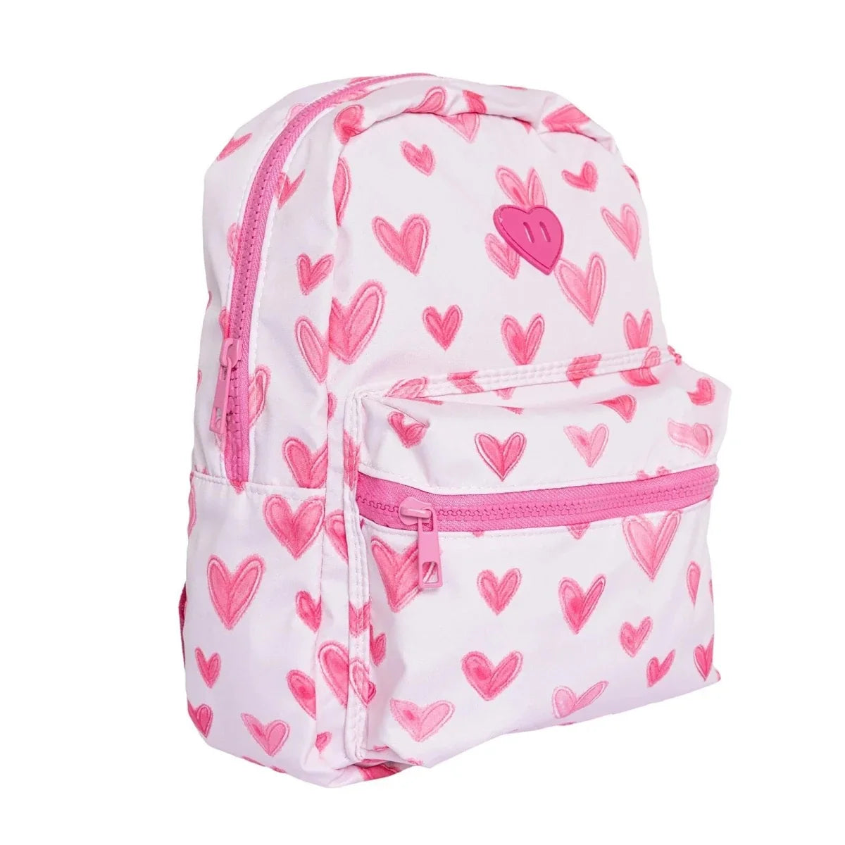 Pink heart-print kids backpack with front zipper and adjustable shoulder straps