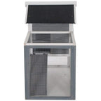 Two-tier wooden small animal hutch with open lower door and wire mesh panel