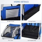 Bike trailer interior with storage pocket, PVC cover, and soft padded two-seat bench