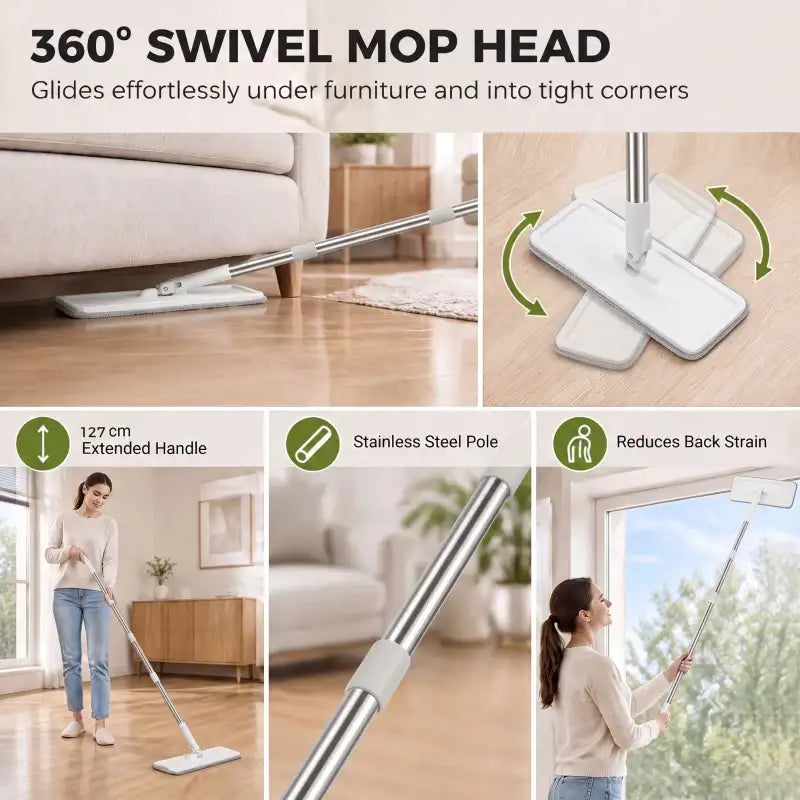 360° swivel flat mop head with stainless pole, compact 127 cm handle and reusable pads