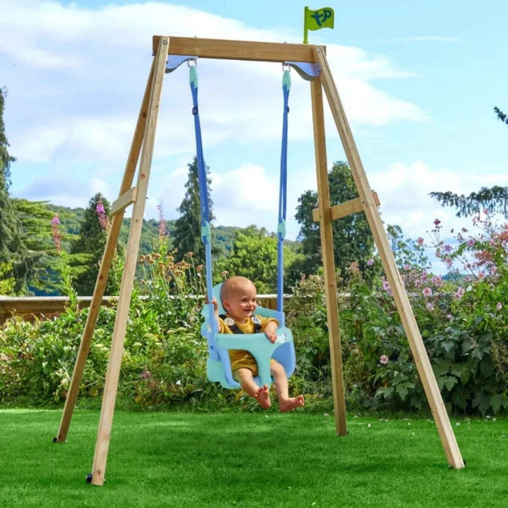 Wooden swing frame with blue ropes and turquoise seat holding a child