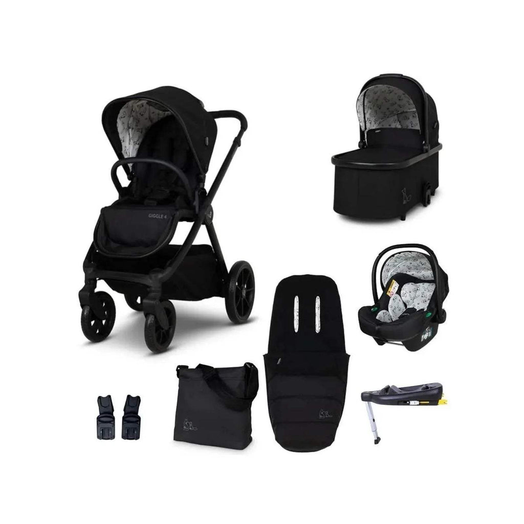 Black pushchair stroller set with infant car seat, footmuff, carry bag, and adapters