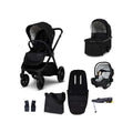 Black pushchair stroller set with infant car seat, footmuff, carry bag, and adapters