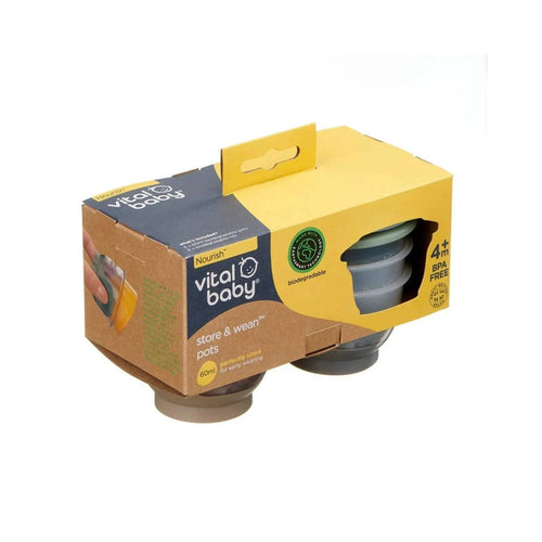 Vital Baby pack of 6 nourish and wean food pots shown in cardboard box