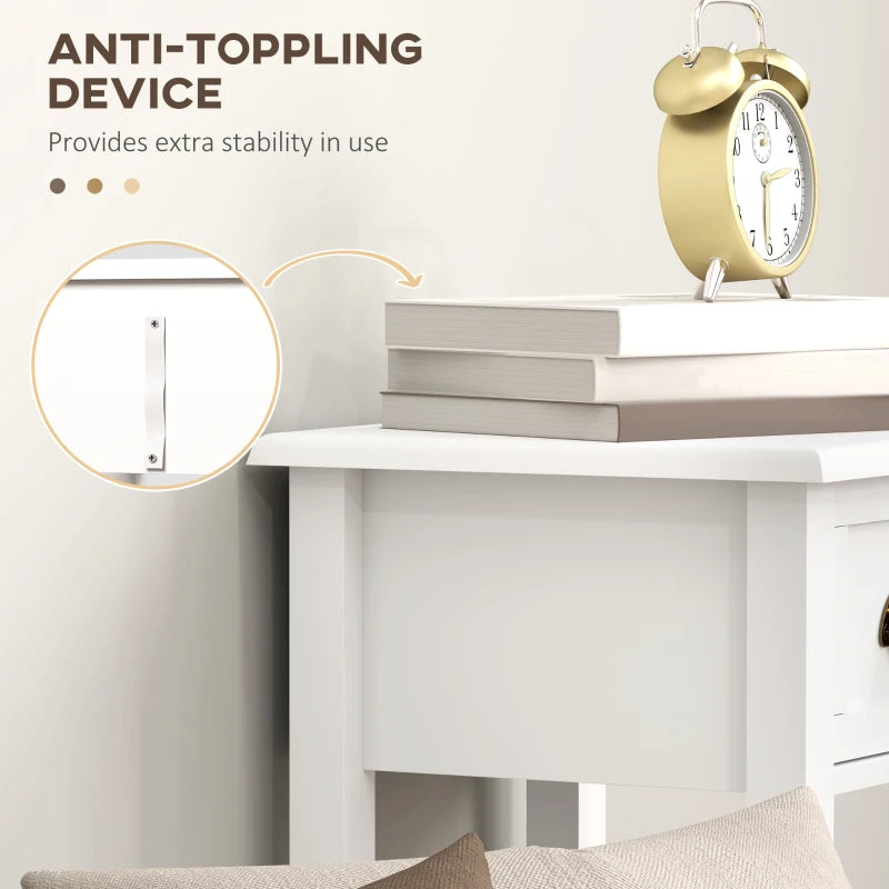 White side table with drawer and open shelf, anti-tip safety device detail