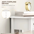 White side table with drawer and open shelf, anti-tip safety device detail