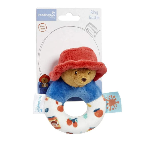 Plush ring baby rattle with bear face in red hat, blue top and white patterned ring