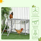 Grey wooden chicken coop activity center with perches, swing, and ladder inside